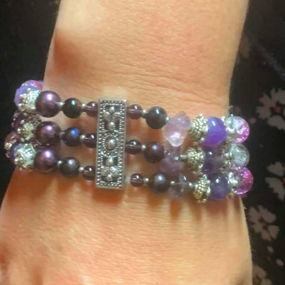 Real Amethyst Triple Banded Boho Bracelet, 7 1/2" - 8 1/2"